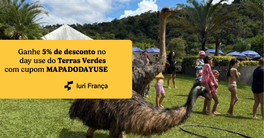 Foto dos animais exoticos no terras verdes. Na lateral tem um texto escrito "Ganhe 5% de desconto no day use do Terras Verdes com cupom MAPADODAYUSE"